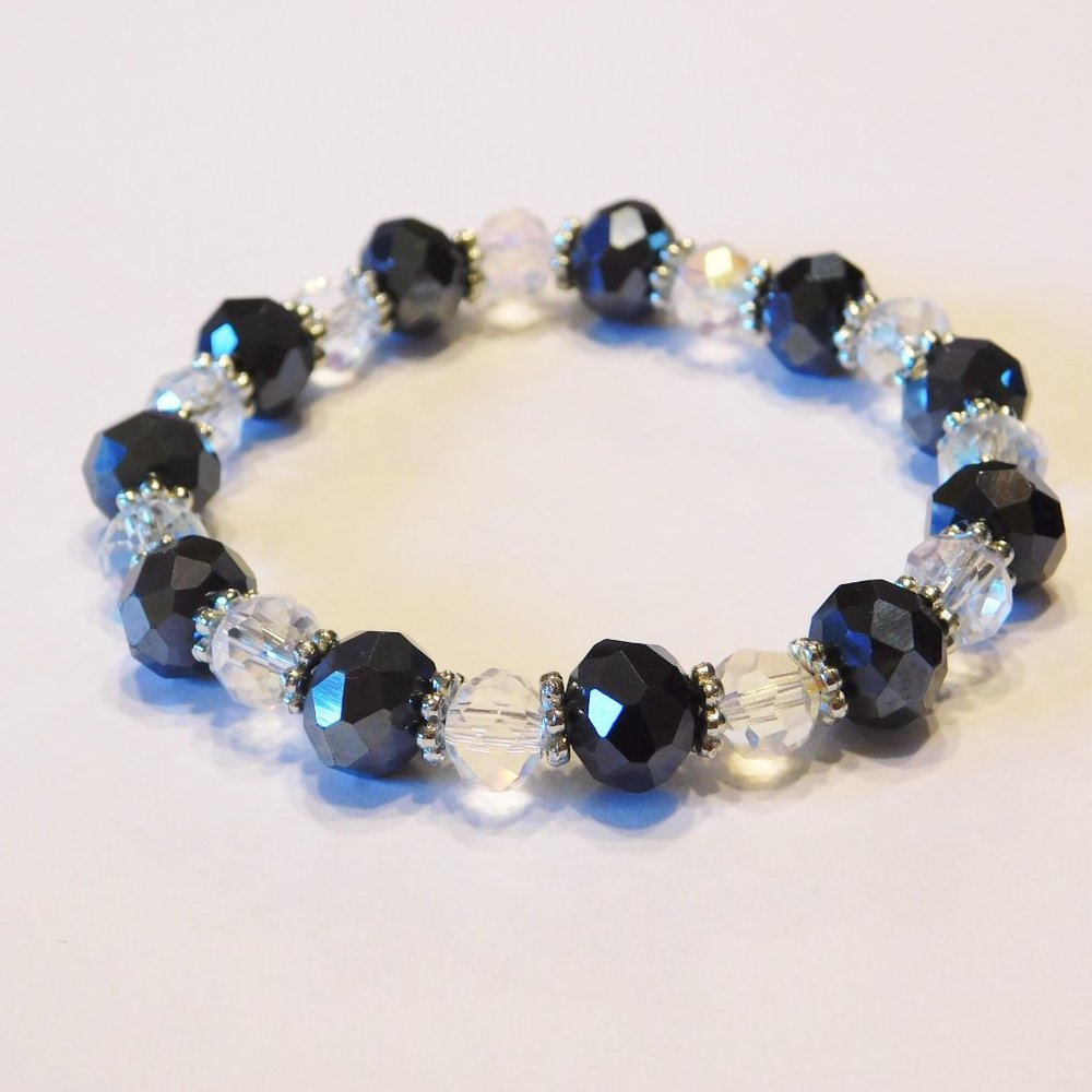 Handmade Charcoal & Clear Glass Beaded Stretch Bracelet  - 7.25"